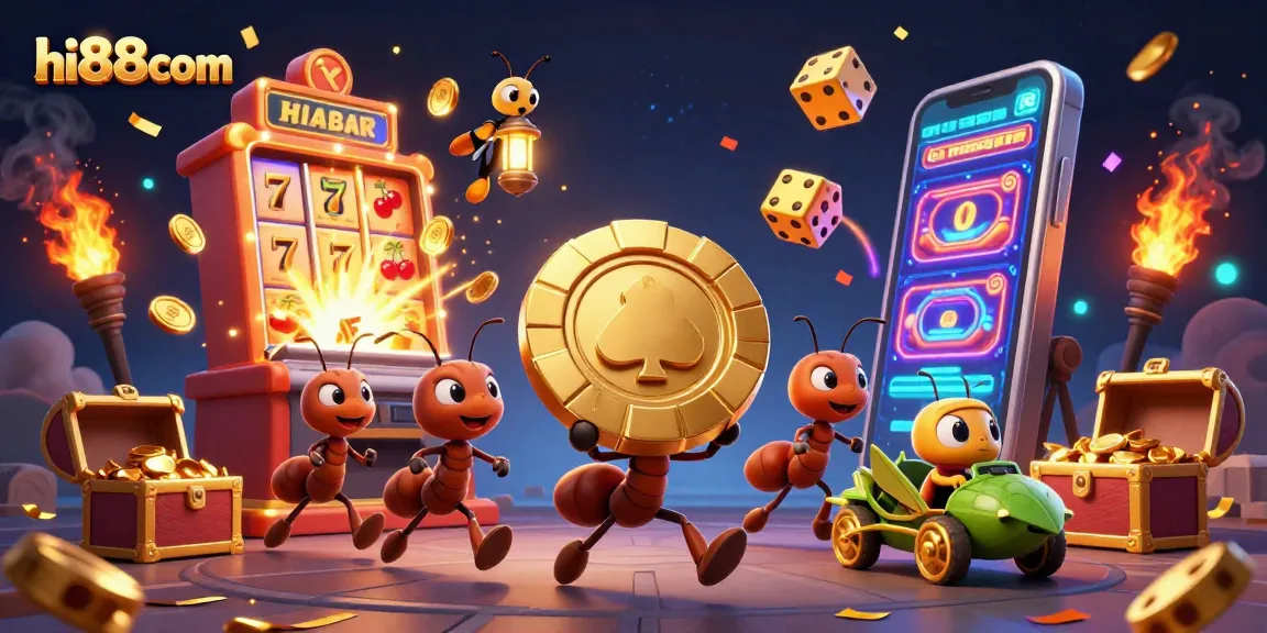 Experience thrilling gaming at hi88com with vibrant 3D ants heist scene featuring rich casino action.