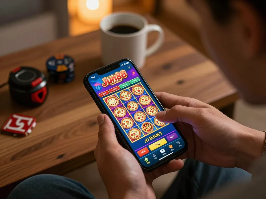 Engaging in mobile gambling on the Jun88 pizza app, showcasing an exciting gaming atmosphere.