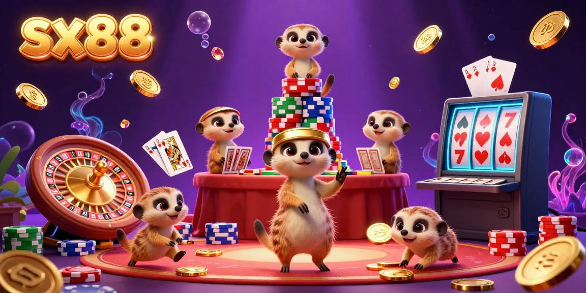Experience the thrilling atmosphere of sx88 casino with lively meerkats managing games and cashing in.