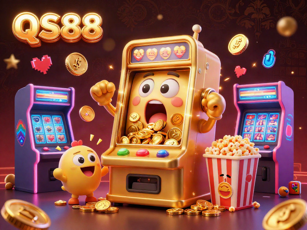 Experience the excitement of QS88 with a jubilant golden slot machine celebrating a jackpot amidst a vibrant casino scene.