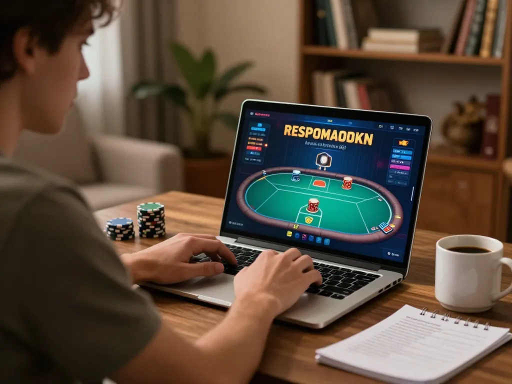 Player enjoying poker online with Sunwingo in a cozy home setting, strategizing for a win