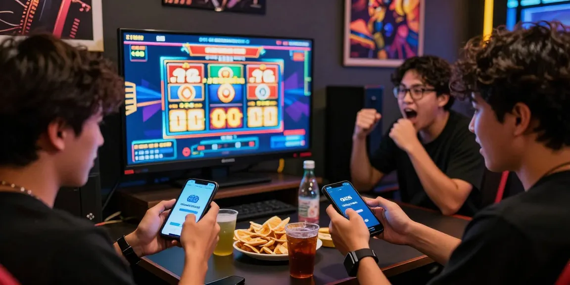 Group enjoying a thrilling slot depo 5k gaming session, celebrating jackpot wins with friends.
