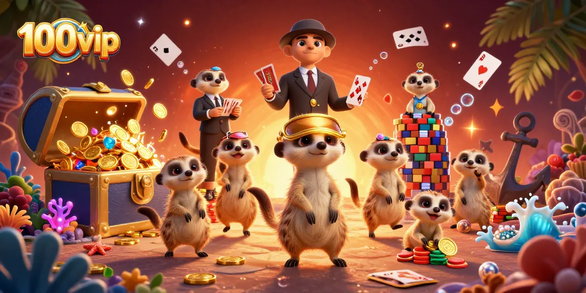 Experience the excitement of 100vip with meerkats running a vibrant casino scene filled with treasures.