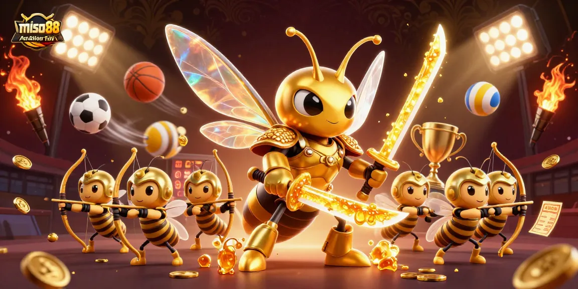 Miso88 unveils a vibrant casino scene with a golden hornet samurai, sports elements, and dynamic gaming energy.