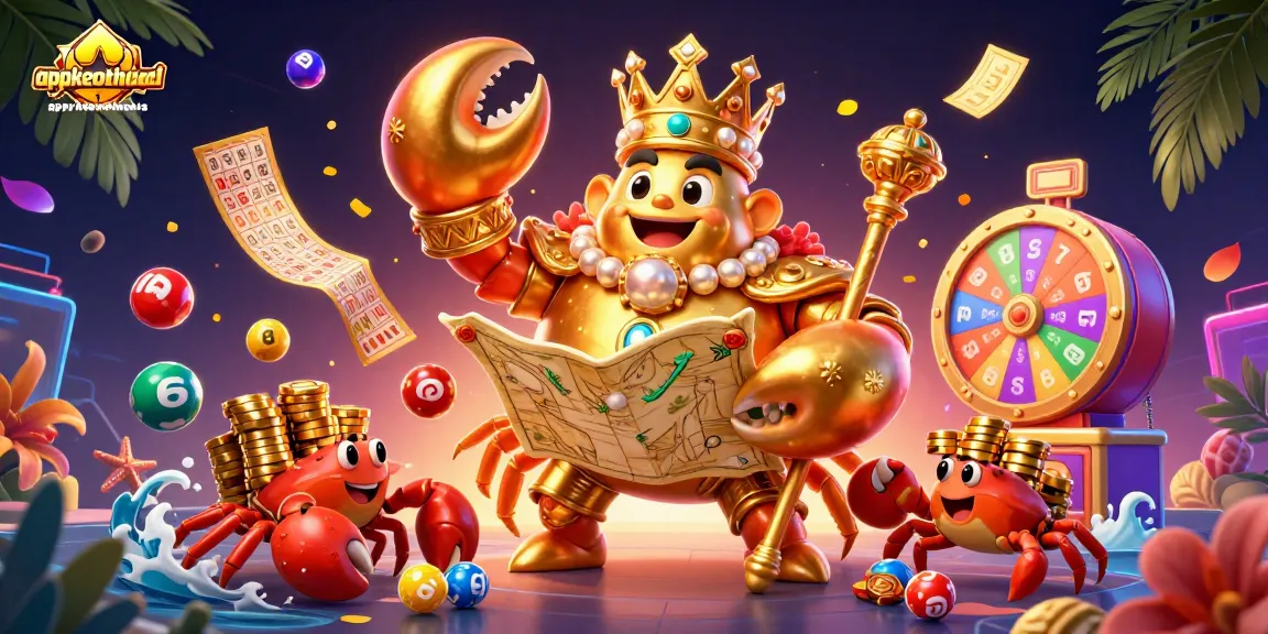 Experience thrilling gameplay at appkeonhacai with dynamic lottery balls and a golden crab emperor ruling over the winnings.