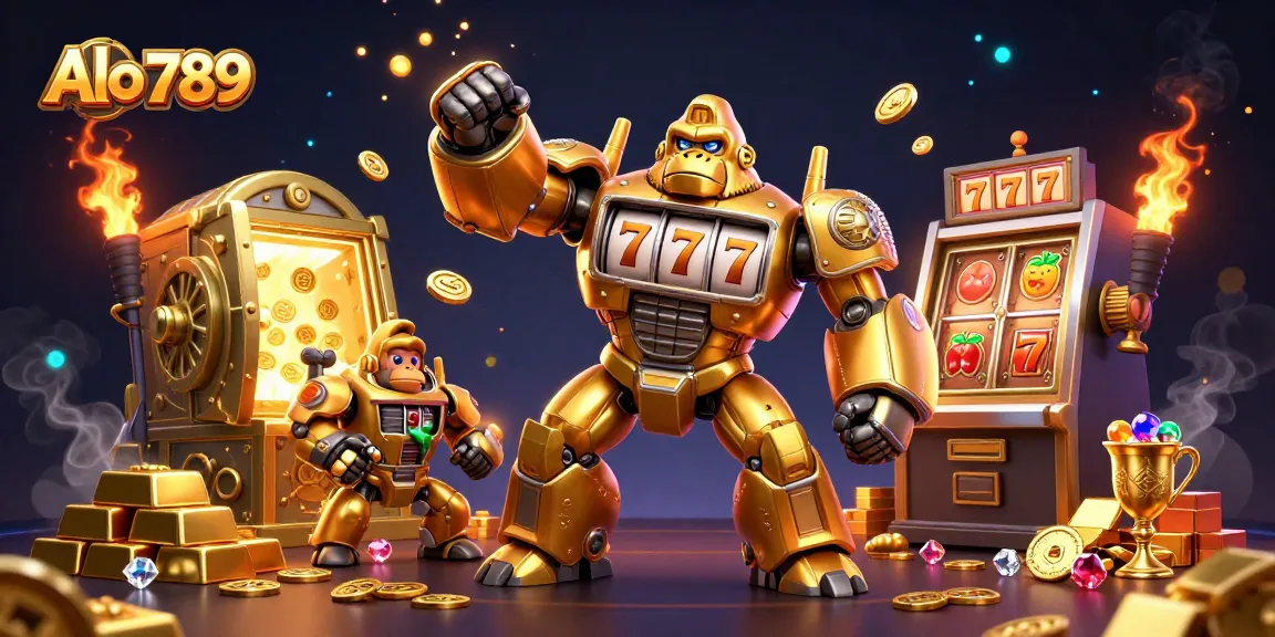 Engage in thrilling gaming action at Alo 789 with a dynamic illustration of a golden gorilla mech made of slot machine parts.
