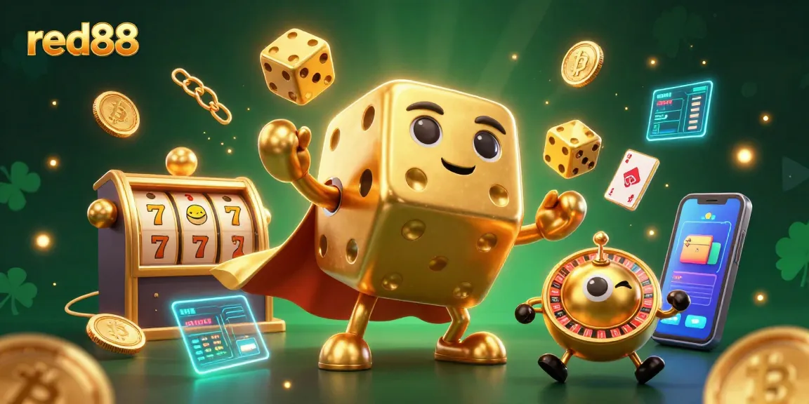 Experience the thrill of red88 with our vibrant 3D casino scene featuring golden dice and crypto elements.