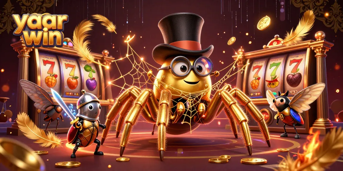 Experience yaar win with this vibrant slot casino scene featuring a golden tarantula and a brave beetle knight.