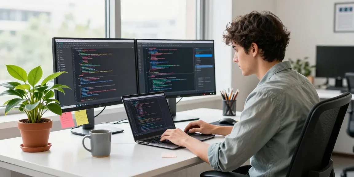 Developer coding at a stylish workspace showcasing software tools at teiegramin.com
