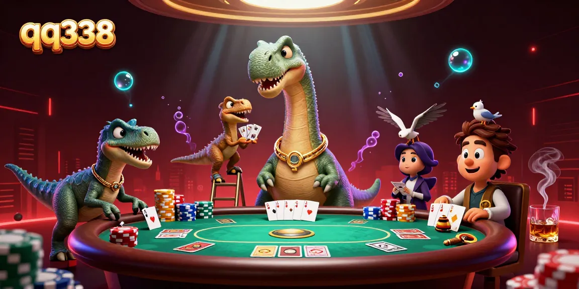 Experience thrilling poker with qq338 featuring a dinosaur dealer and vibrant casino atmosphere.