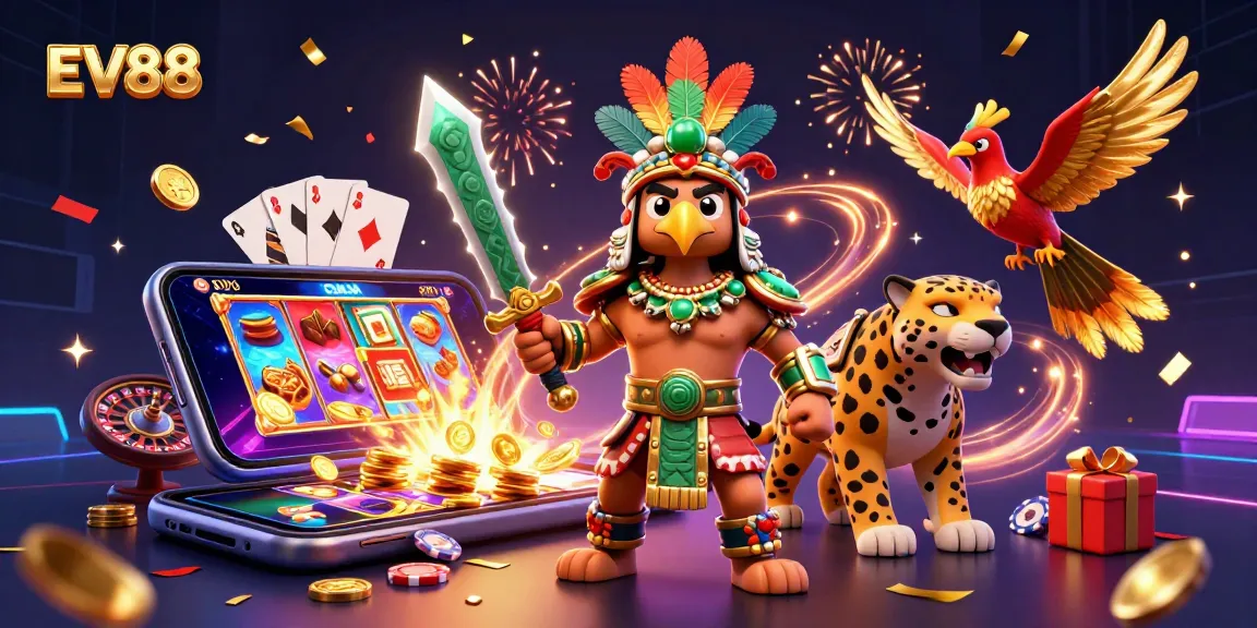 Experience thrilling gameplay and vibrant visuals at EV88 with a dynamic casino illustration featuring an Aztec warrior.
