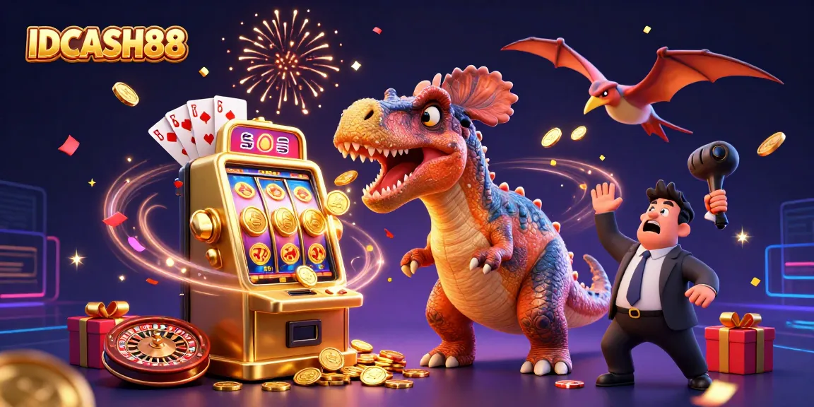 Play slots and win with IDCASH88 as a dynamic dinosaur heads for jackpot coins.