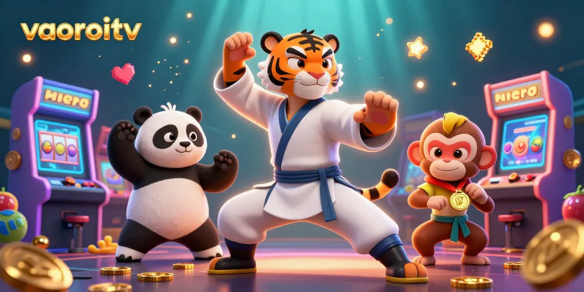 vaoroitv showcases a lively 3D scene with kung fu characters engaging with vibrant casino elements like slot reels.