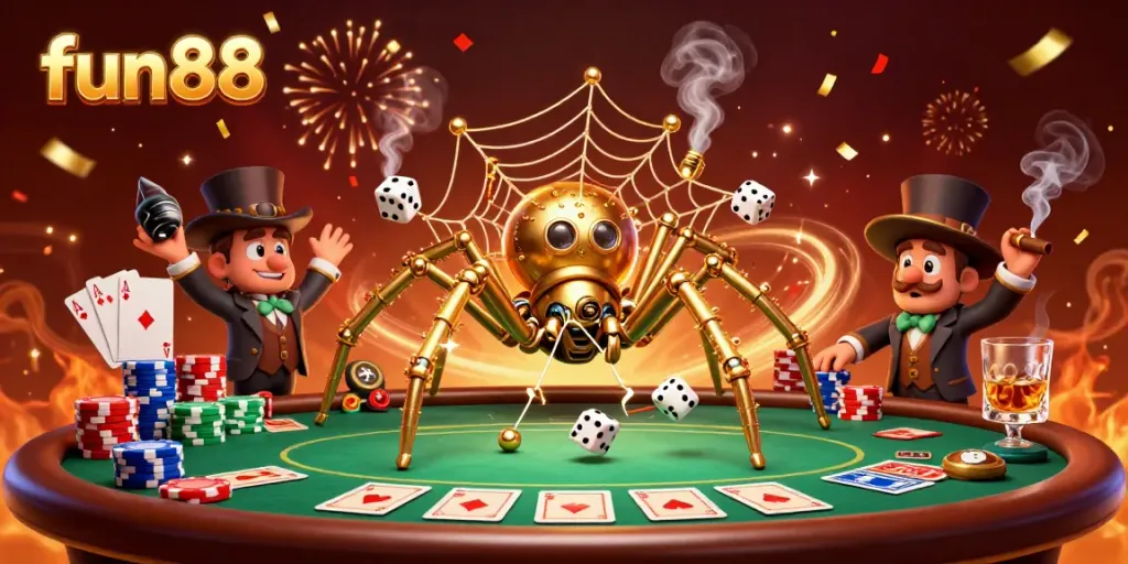 Engage with fun88 in a lively, steampunk-themed casino scene filled with vibrant poker elements and excitement.