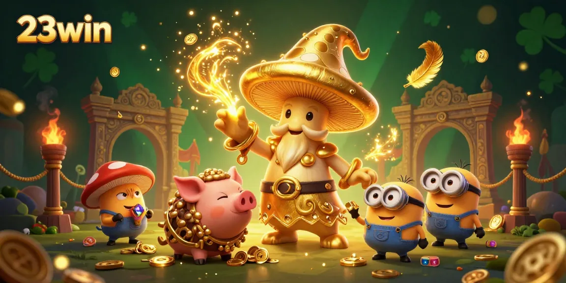 Experience the magic of 23win's golden realm with treasure-seeking fantasy characters.