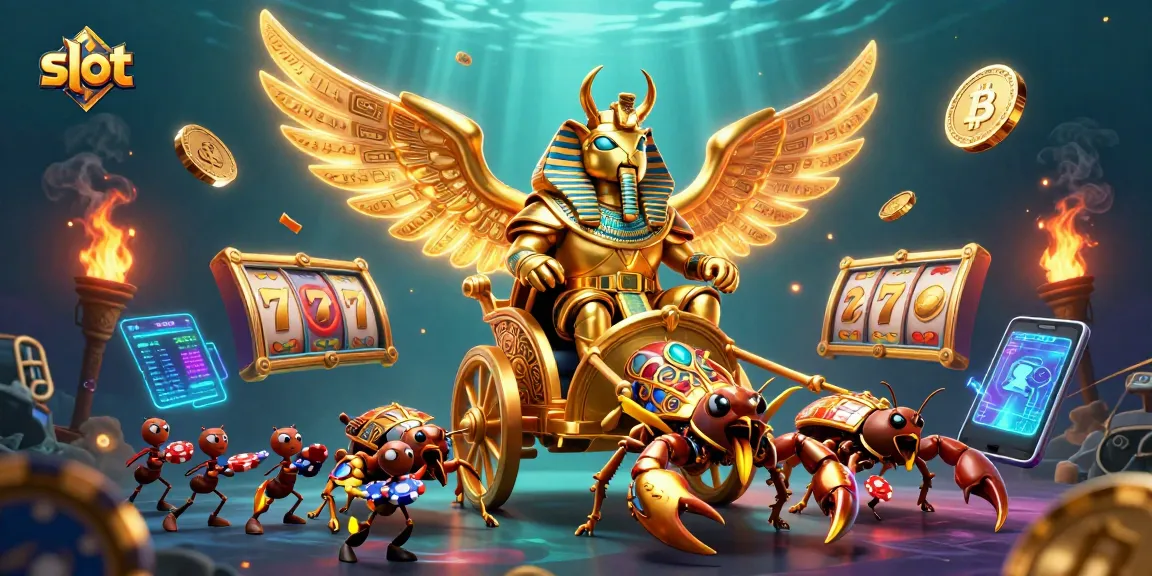 Experience thrilling slot action with a colossal golden scarab beetle amid vibrant gaming elements