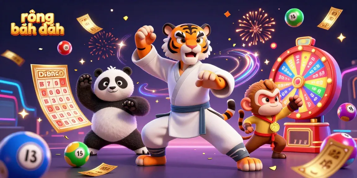 Engaging scene of rồng bạch kim featuring a kung fu tiger master, panda disciple, and monkey student amid vibrant lottery elements.