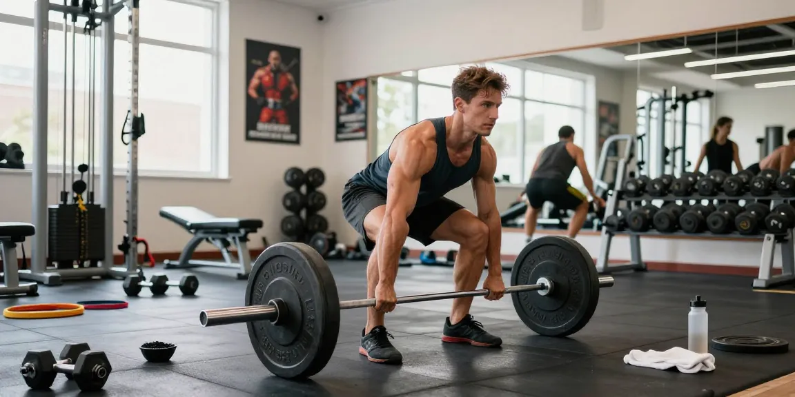 Kraftsportler hebt Gewichte in einem Fitnesscenter des Anabolika Shop Deutschland und zeigt Stärke und Konzentration zwischen den Fitnessgeräten.