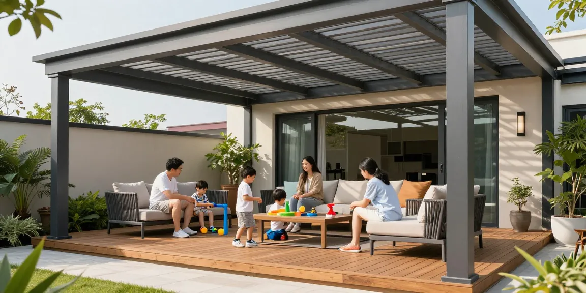 Freistehende Terrassenüberdachung mit Familie, die einen sonnigen Tag genießt.