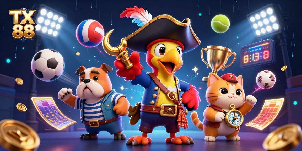 TX 88 showcases pirates and sports elements in a vibrant 3D casino scene with dynamic betting action.