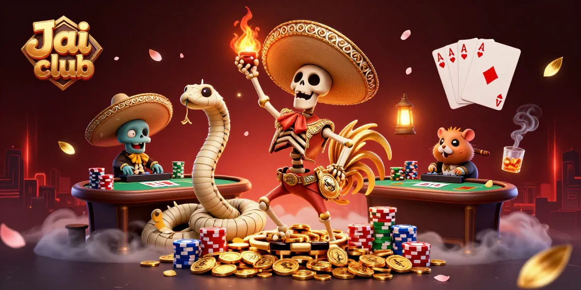 Immerse in Jai club's vibrant casino scene with lively characters celebrating wins and iconic poker elements.