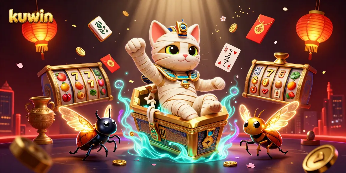 Win big with kuwin in a vibrant 3D casino scene featuring an Egyptian mummy cat and dynamic game elements.