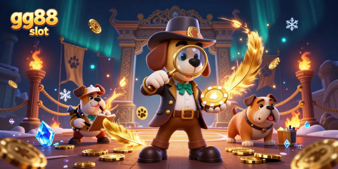 Uncovering the secrets of gg88 slot with a detective and his bulldog amid casino elements.