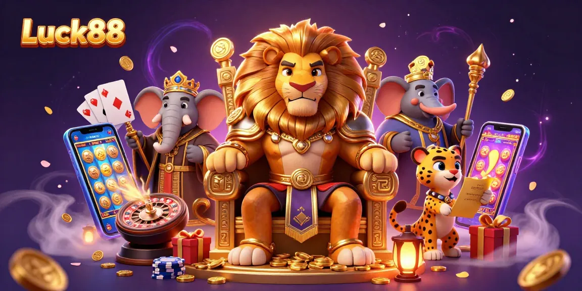 Engage with Luck88, a vibrant 3D scene showcasing a lion king, an elephant, and a cheetah amidst casino elements.