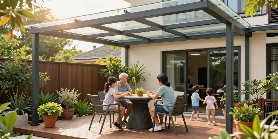 Terrassenüberdachung in modernem Stil, Familie genießt Zeit im Freien mit Blumen und Möbeln.