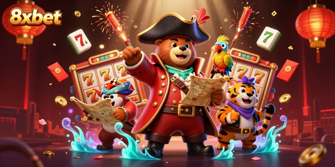 Join the adventure in 8xbet with a treasure hunt featuring a pirate bear and friends among slot reels.