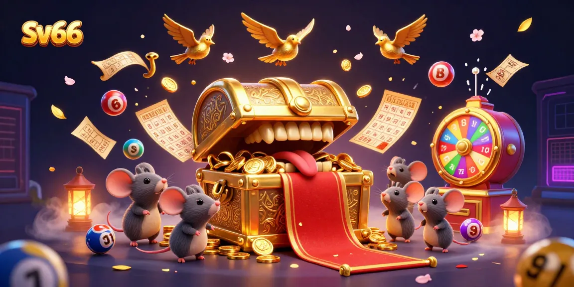 Engage with sv66's vibrant lottery games, featuring dynamic colorful elements and captivating treasures.
