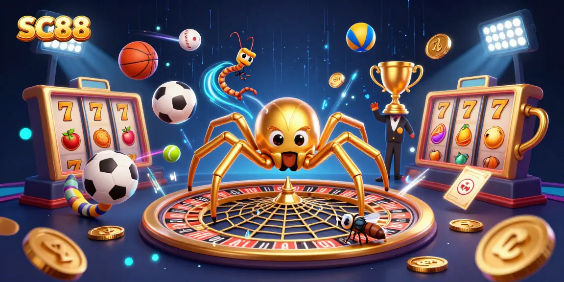 Place your bets at SC88 with a golden spider and centipede croupier in a dynamic casino scene.