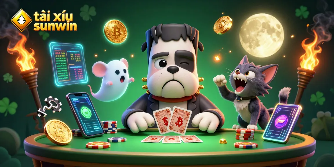 Engage in tài xỉu sunwin gameplay with a cartoon Frankenstein bulldog and crypto coins