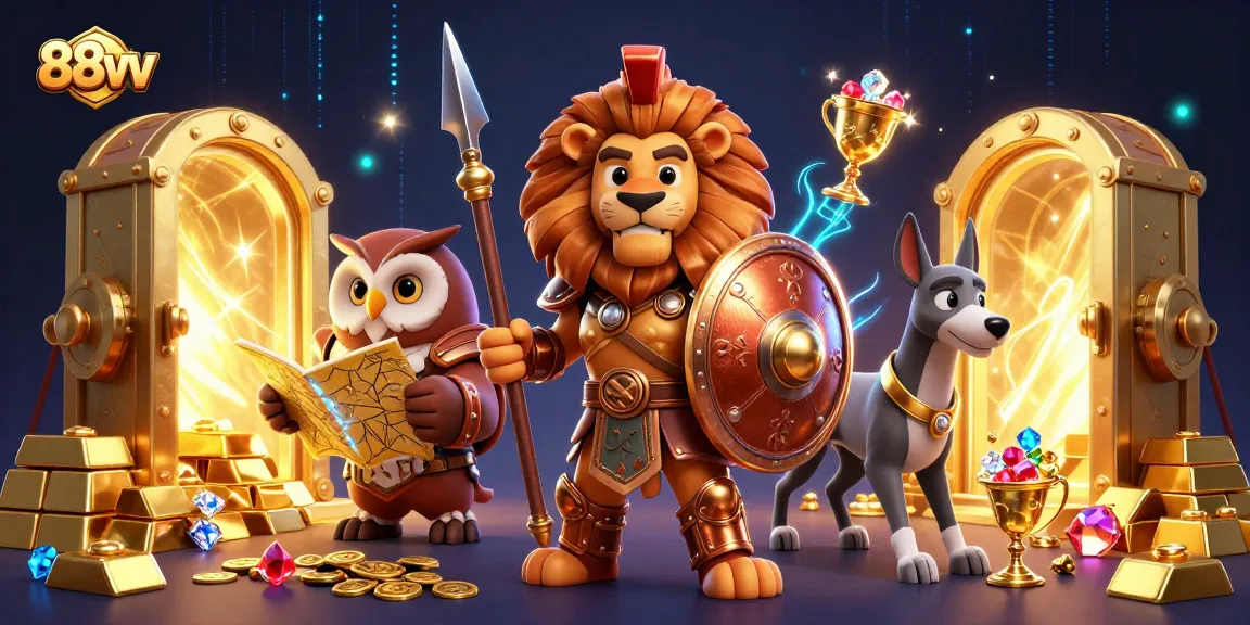 Experience thrilling wins with 88vv in a dazzling 3D casino scene filled with gold, gems, and excitement.