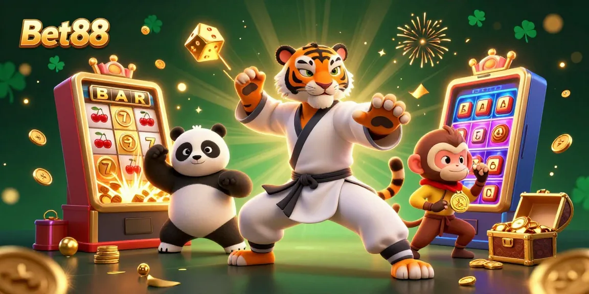 Bet88 showcases a dynamic 3D casino scene with tiger, panda, and monkey characters amidst slot machines and gold coins.